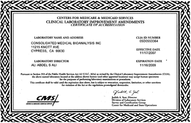 CLIA Certificate
